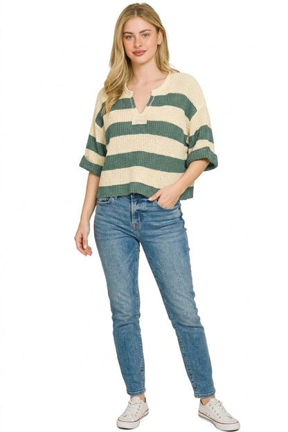 Zenana Split Neck Stripe Sweater - Bitsy Gypsy Boutique