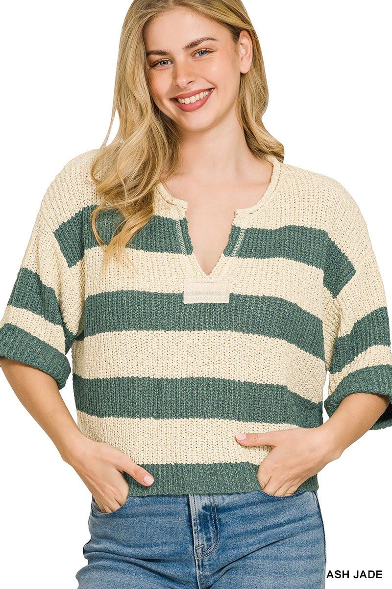 Zenana Split Neck Stripe Sweater - Bitsy Gypsy Boutique