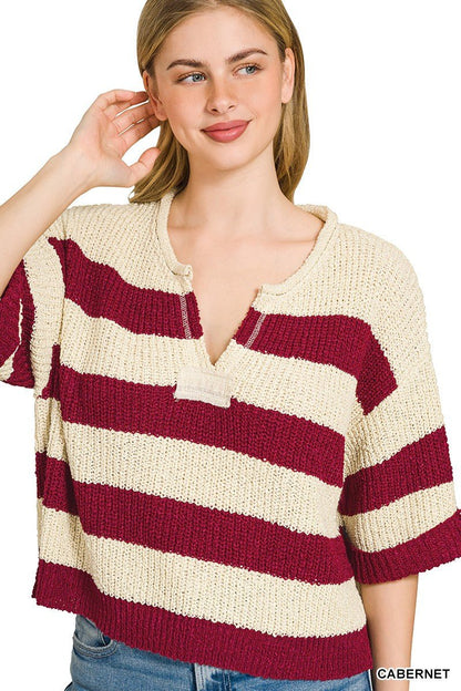 Zenana Split Neck Stripe Sweater - Bitsy Gypsy Boutique