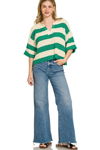 Zenana Split Neck Stripe Sweater - Bitsy Gypsy Boutique