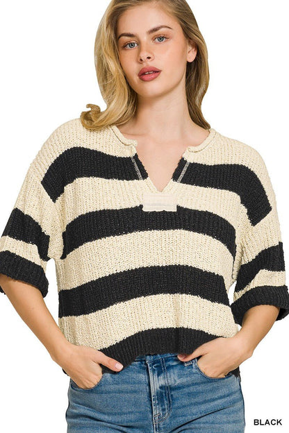 Zenana Split Neck Stripe Sweater - Bitsy Gypsy Boutique