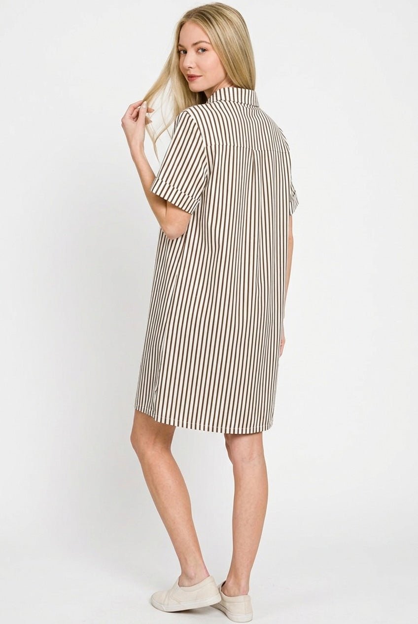 Zenana Stripe Collared Half Button Up T-Shirts Dress - Bitsy Gypsy Boutique