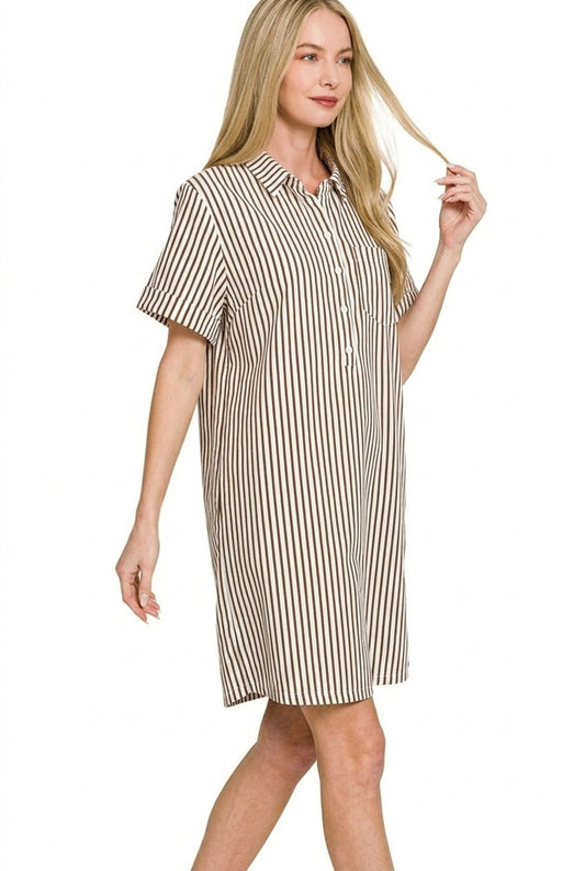 Zenana Stripe Collared Half Button Up T-Shirts Dress - Bitsy Gypsy Boutique