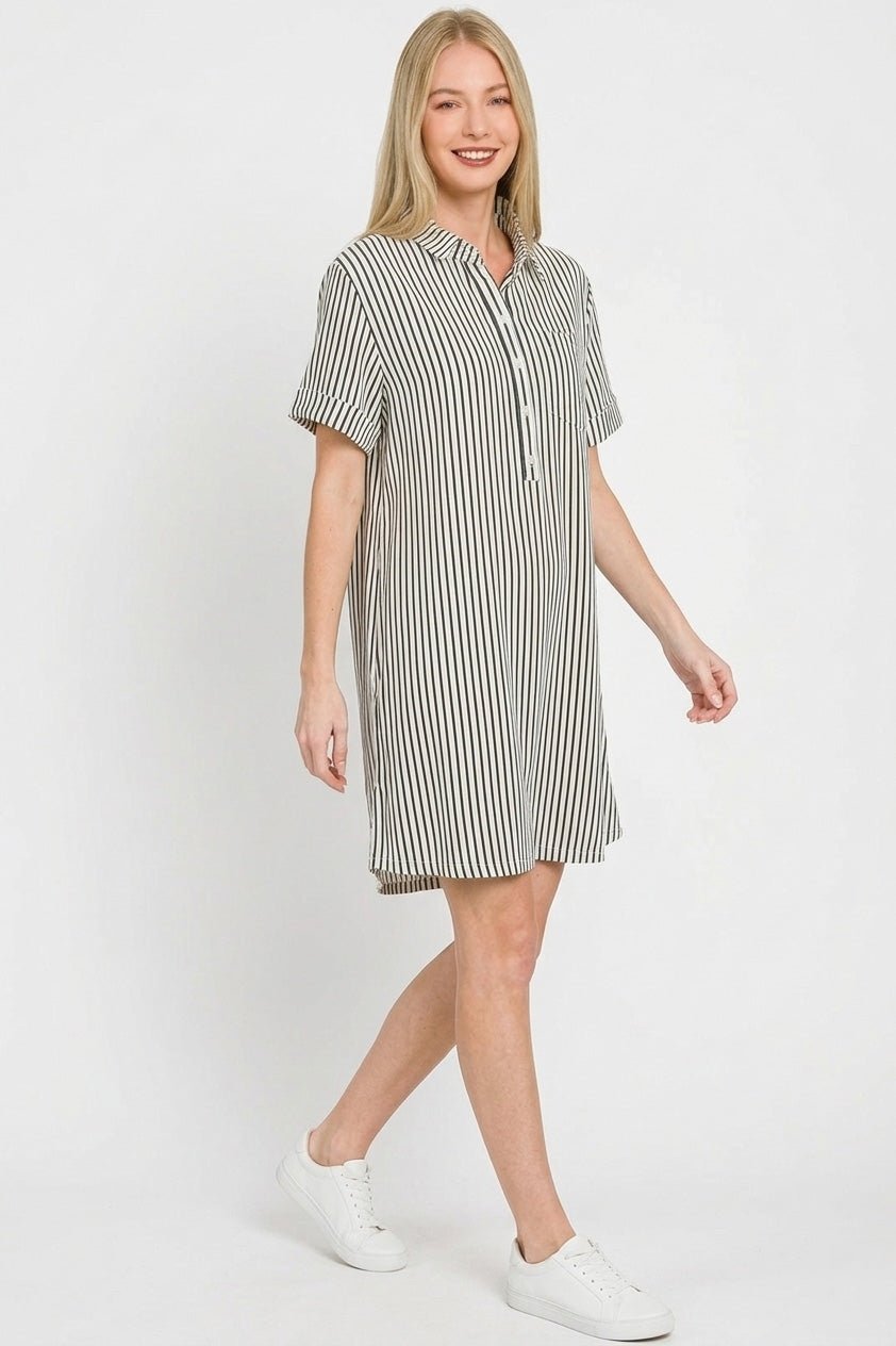 Zenana Stripe Collared Half Button Up T-Shirts Dress - Bitsy Gypsy Boutique
