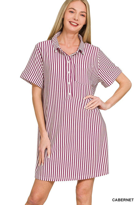 Zenana Stripe Collared Half Button Up T-Shirts Dress - Bitsy Gypsy Boutique