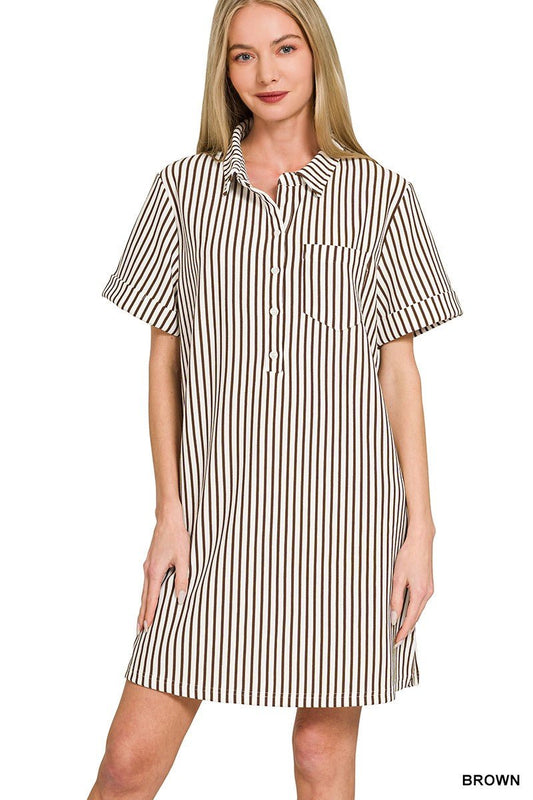 Zenana Stripe Collared Half Button Up T-Shirts Dress - Bitsy Gypsy Boutique