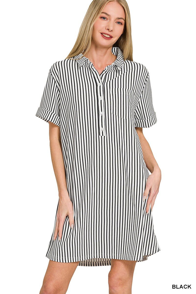 Zenana Stripe Collared Half Button Up T-Shirts Dress - Bitsy Gypsy Boutique