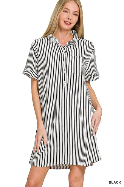 Zenana Stripe Collared Half Button Up T-Shirts Dress - Bitsy Gypsy Boutique