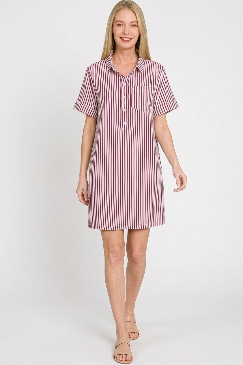 Zenana Stripe Collared Half Button Up T-Shirts Dress - Bitsy Gypsy Boutique