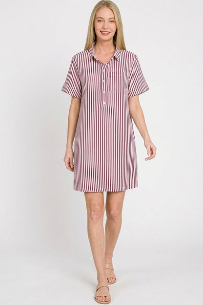 Zenana Stripe Collared Half Button Up T-Shirts Dress - Bitsy Gypsy Boutique
