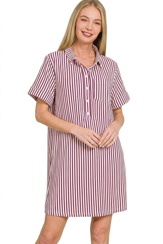 Zenana Stripe Collared Half Button Up T-Shirts Dress - Bitsy Gypsy Boutique