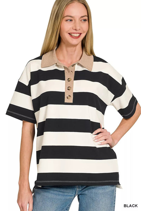 Zenana Striped Collared Polo Top - Bitsy Gypsy Boutique
