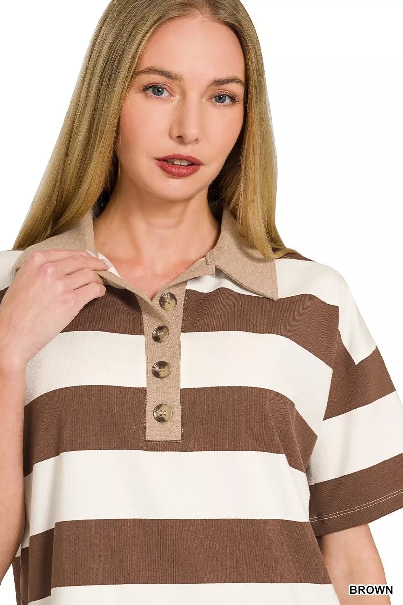 Zenana Striped Collared Polo Top - Bitsy Gypsy Boutique