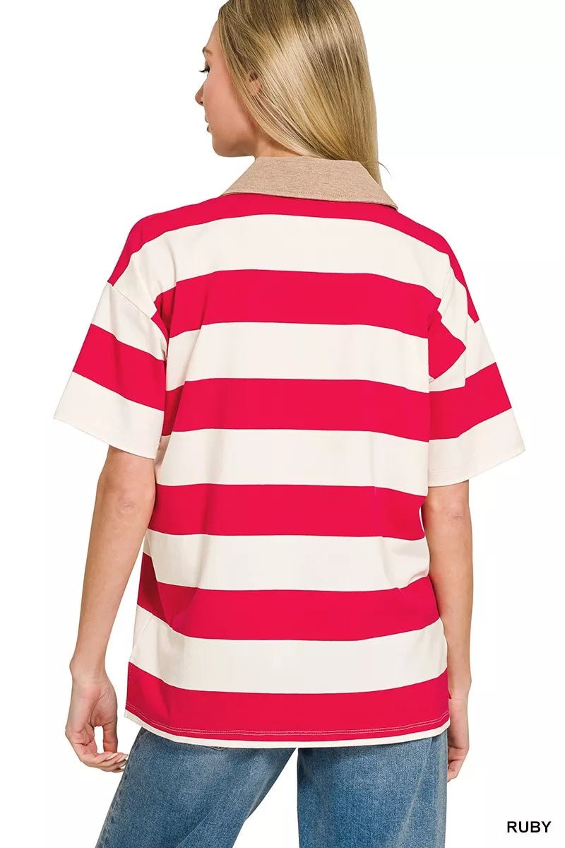 Zenana Striped Collared Polo Top - Bitsy Gypsy Boutique