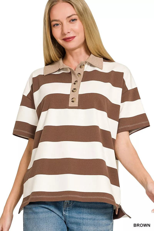 Zenana Striped Collared Polo Top - Bitsy Gypsy Boutique