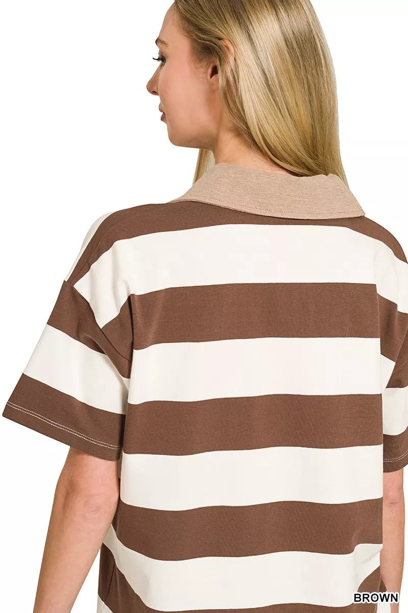 Zenana Striped Collared Polo Top - Bitsy Gypsy Boutique