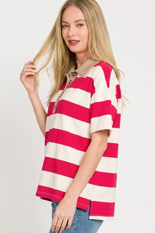 Zenana Striped Collared Polo Top - Bitsy Gypsy Boutique