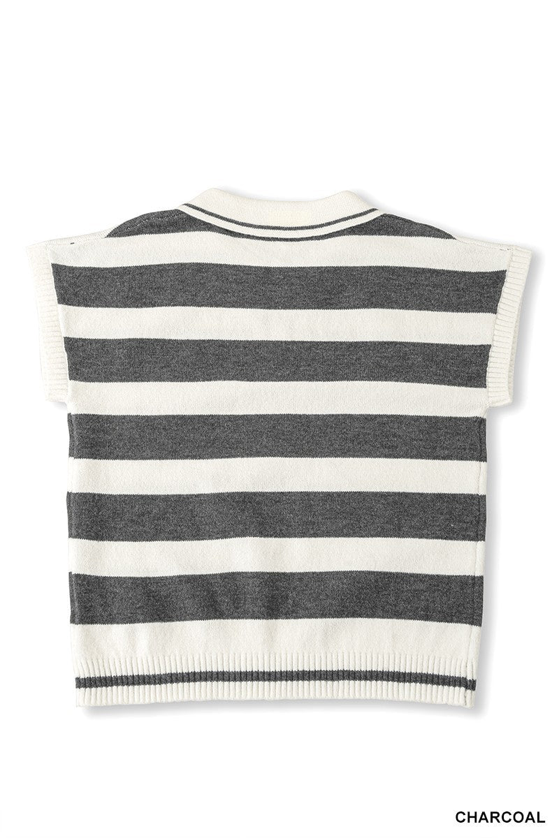Zenana Striped Collared Short Sleeve Sweater - Bitsy Gypsy Boutique