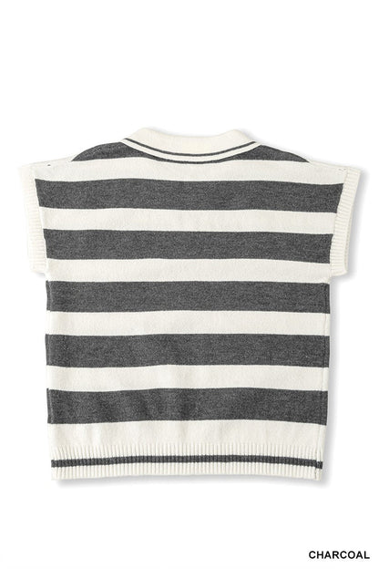 Zenana Striped Collared Short Sleeve Sweater - Bitsy Gypsy Boutique