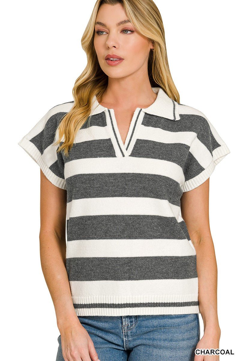 Zenana Striped Collared Short Sleeve Sweater - Bitsy Gypsy Boutique