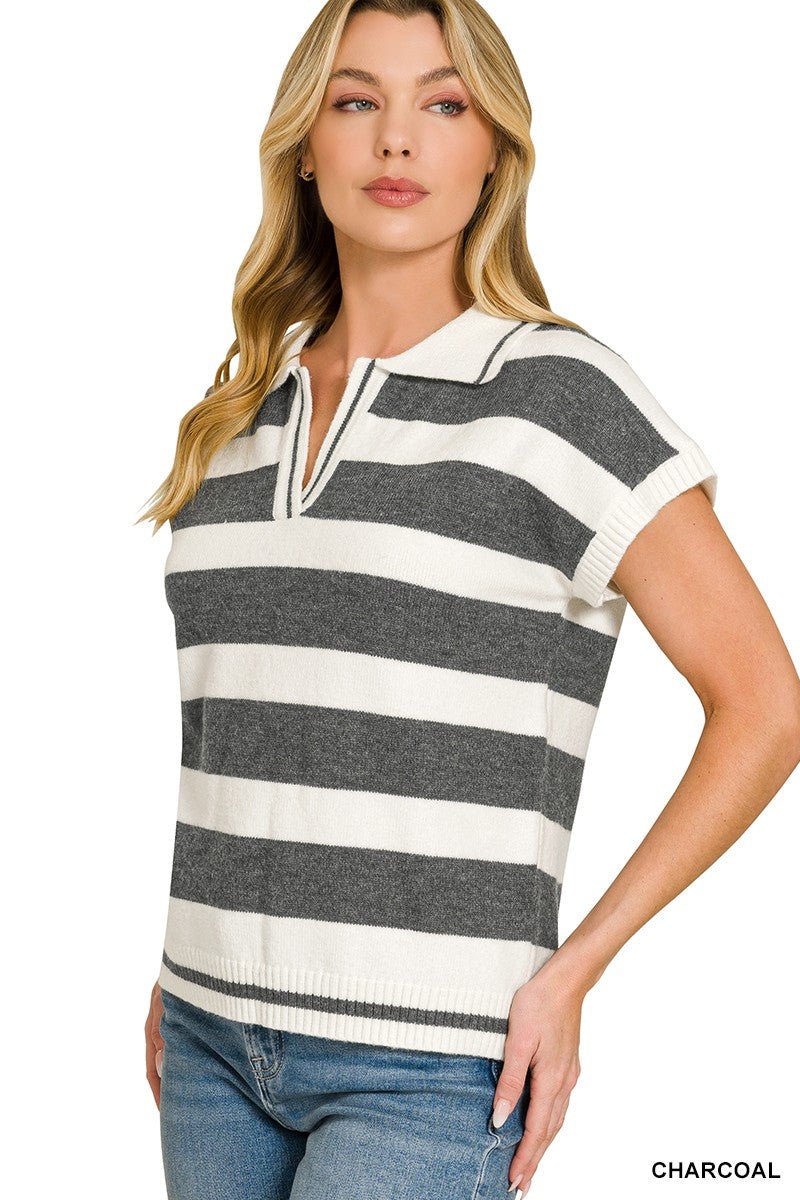 Zenana Striped Collared Short Sleeve Sweater - Bitsy Gypsy Boutique