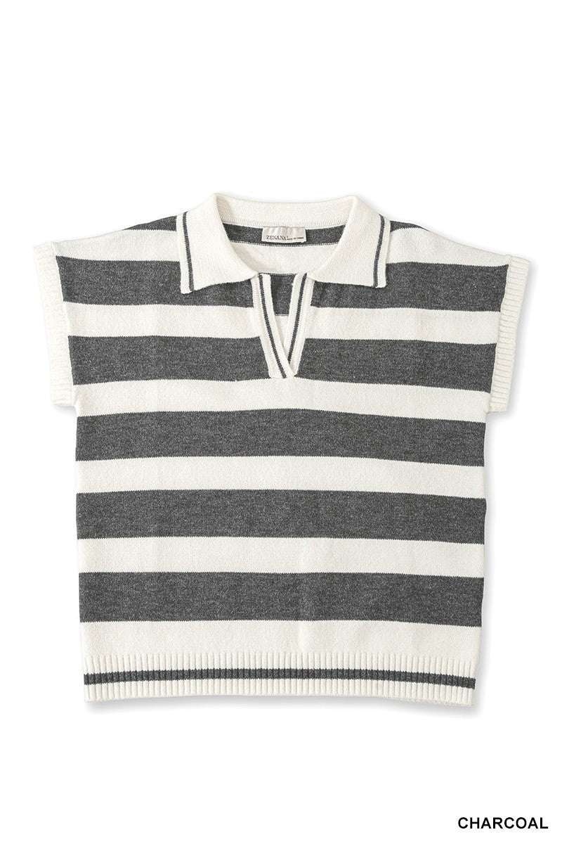 Zenana Striped Collared Short Sleeve Sweater - Bitsy Gypsy Boutique
