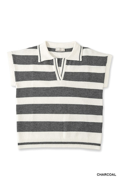Zenana Striped Collared Short Sleeve Sweater - Bitsy Gypsy Boutique