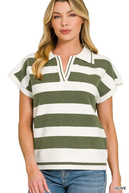 Zenana Striped Collared Short Sleeve Sweater - Bitsy Gypsy Boutique