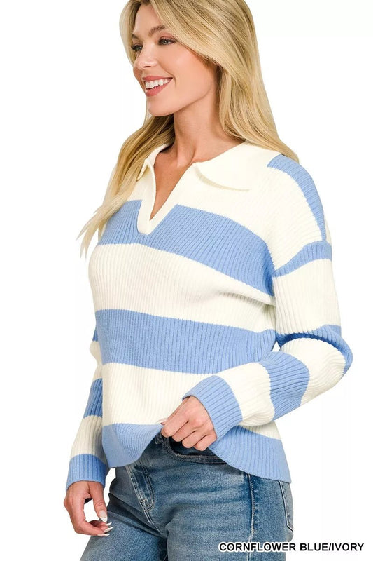 Zenana Striped Collared Sweater - Bitsy Gypsy Boutique