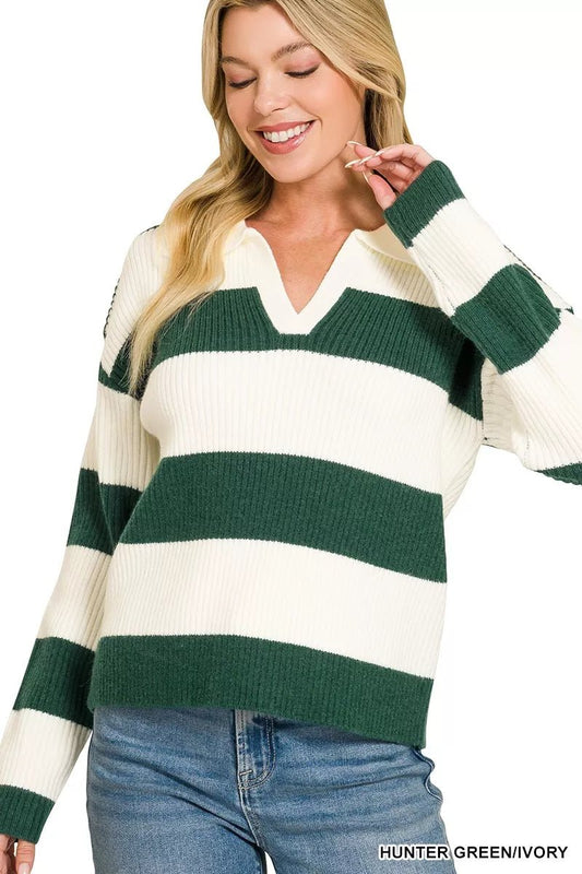Zenana Striped Collared Sweater - Bitsy Gypsy Boutique
