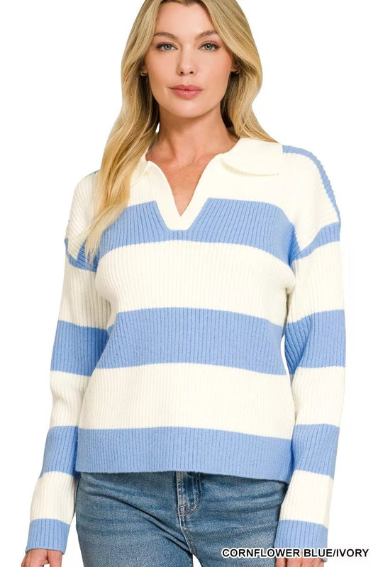 Zenana Striped Collared Sweater - Bitsy Gypsy Boutique