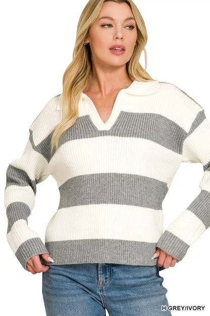 Zenana Striped Collared Sweater - Bitsy Gypsy Boutique