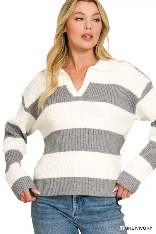 Zenana Striped Collared Sweater - Bitsy Gypsy Boutique