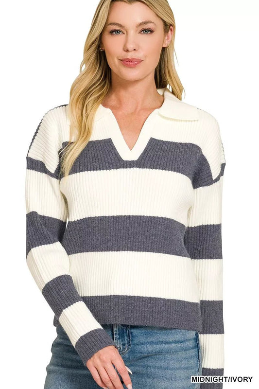 Zenana Striped Collared Sweater - Bitsy Gypsy Boutique