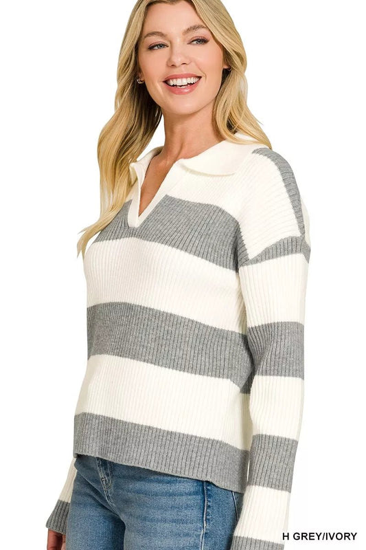 Zenana Striped Collared Sweater - Bitsy Gypsy Boutique