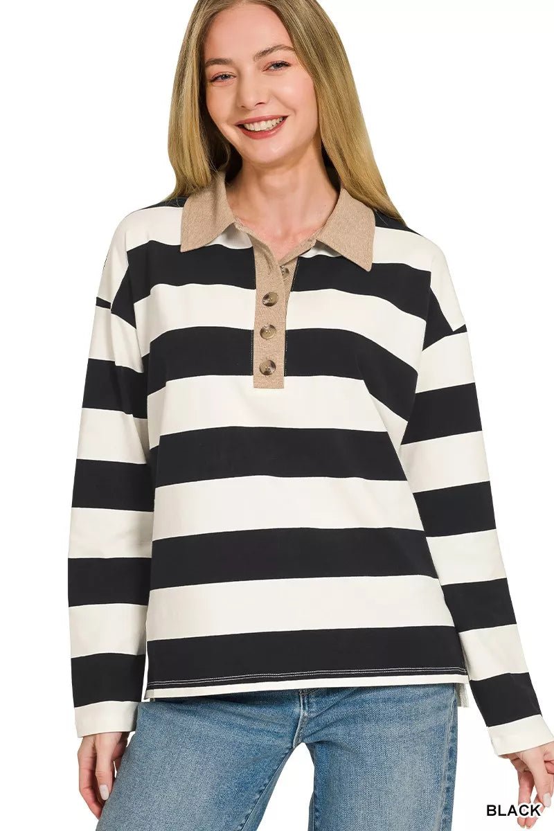 Zenana Striped Contrast Collar Polo Tee - Bitsy Gypsy Boutique