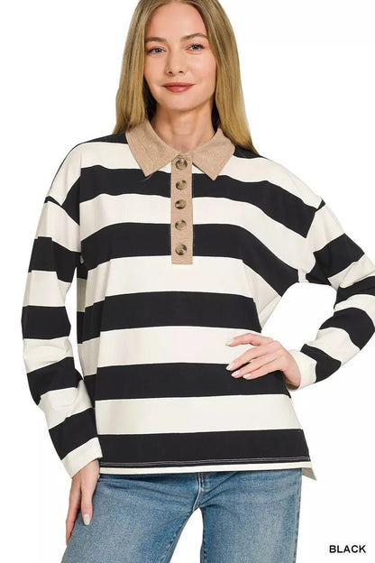 Zenana Striped Contrast Collar Polo Tee - Bitsy Gypsy Boutique
