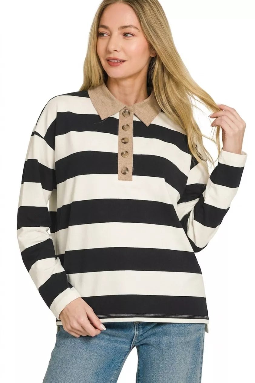 Zenana Striped Contrast Collar Polo Tee - Bitsy Gypsy Boutique