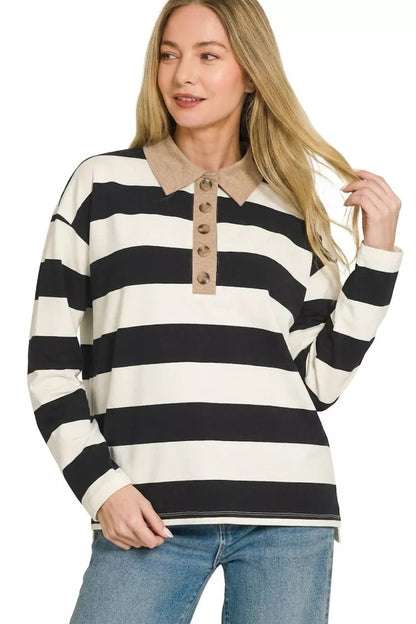 Zenana Striped Contrast Collar Polo Tee - Bitsy Gypsy Boutique
