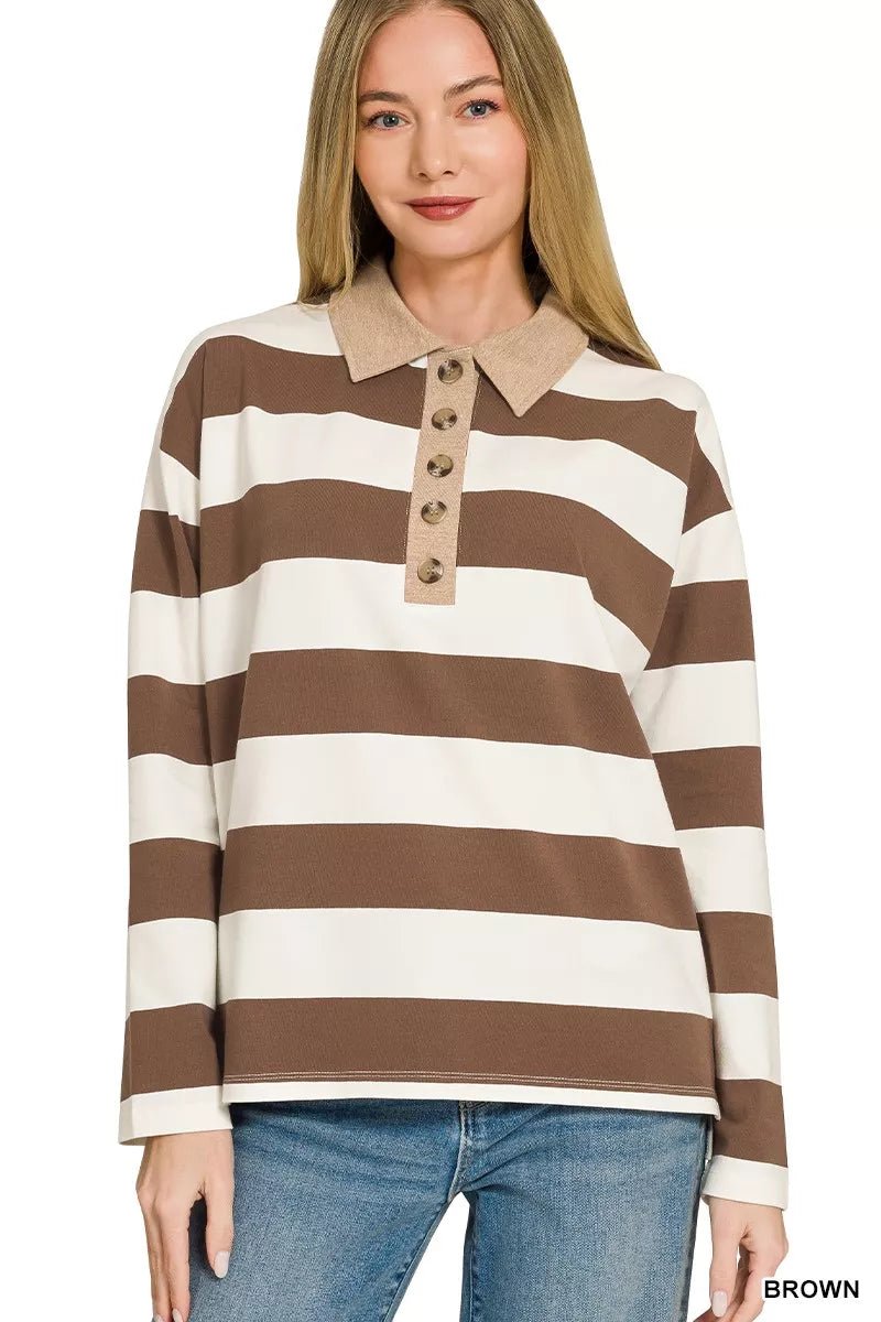 Zenana Striped Contrast Collar Polo Tee - Bitsy Gypsy Boutique