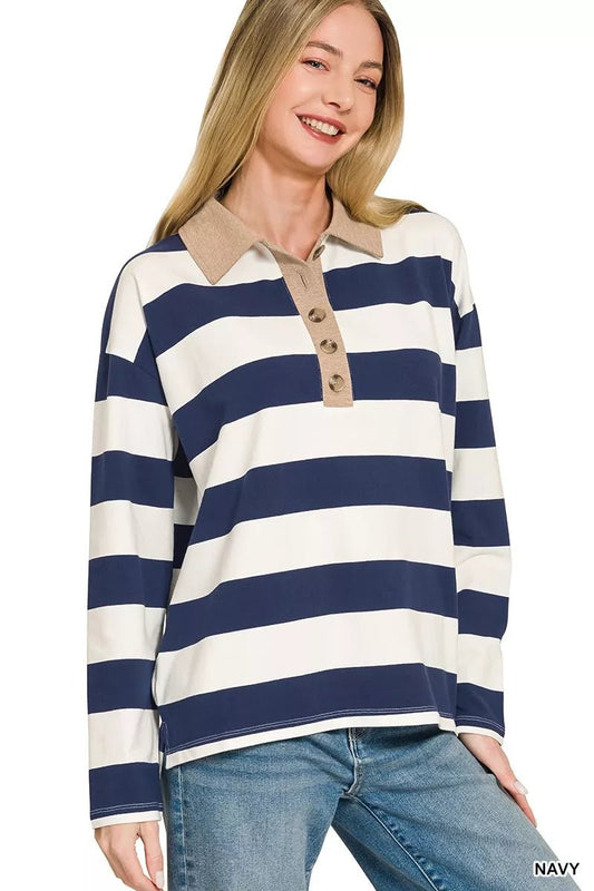 Zenana Striped Contrast Collar Polo Tee - Bitsy Gypsy Boutique
