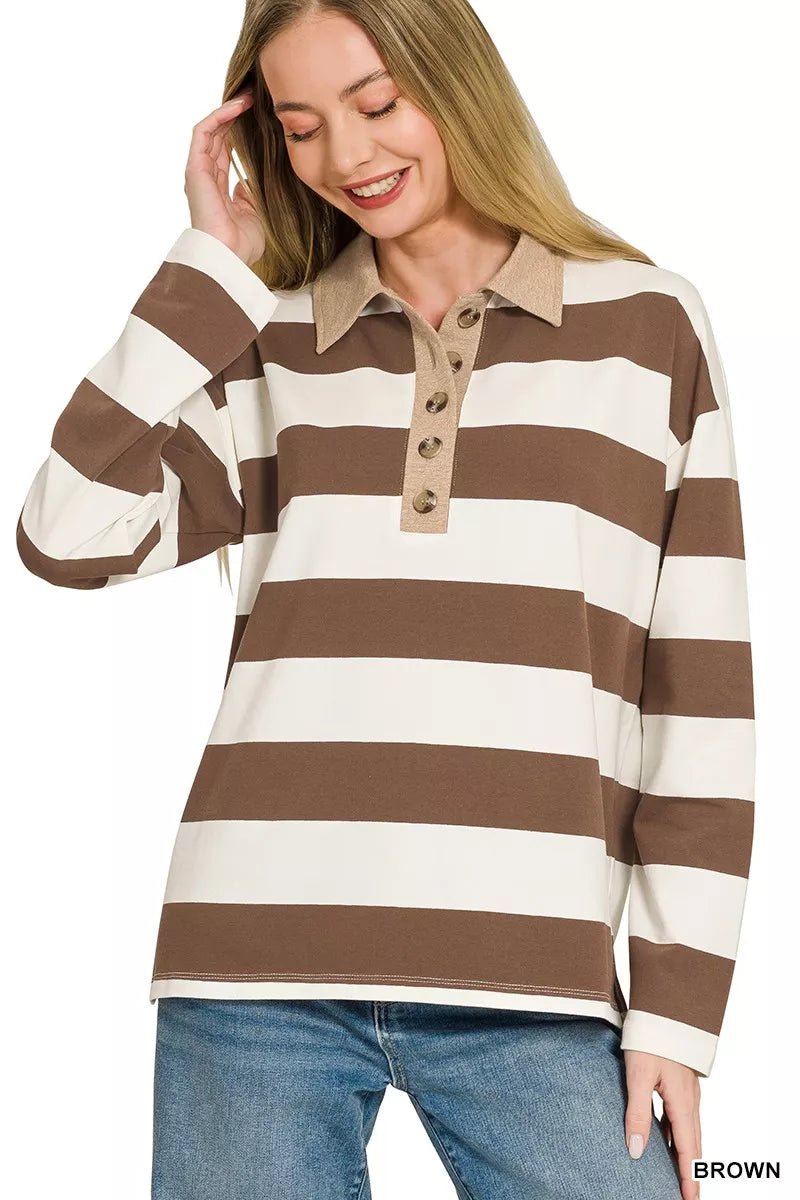 Zenana Striped Contrast Collar Polo Tee - Bitsy Gypsy Boutique