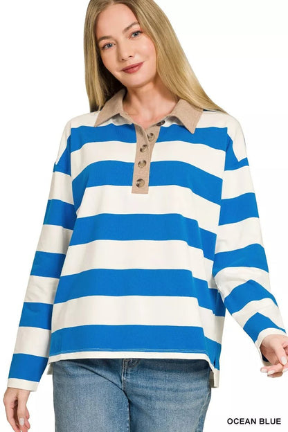 Zenana Striped Contrast Collar Polo Top - Bitsy Gypsy Boutique
