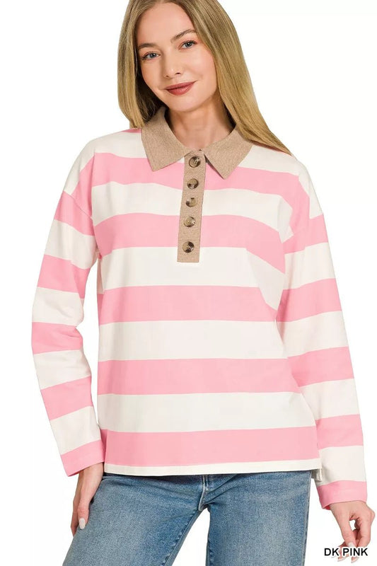 Zenana Striped Contrast Collar Polo Top - Bitsy Gypsy Boutique