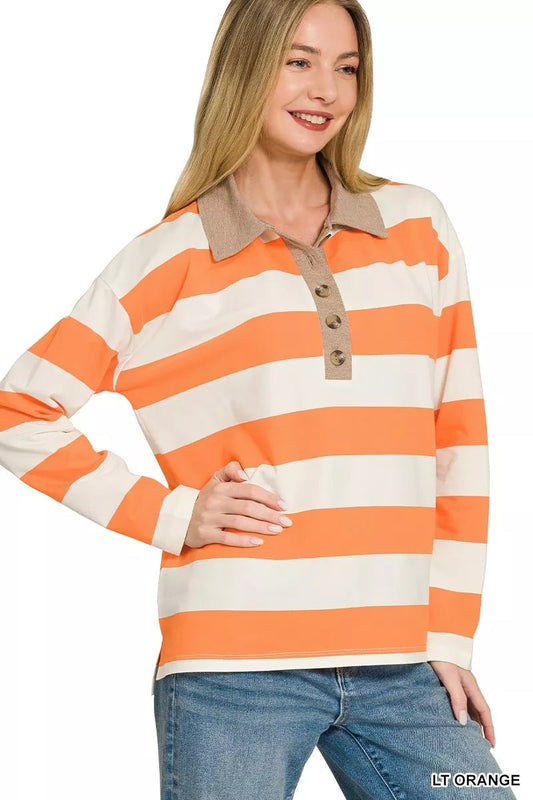 Zenana Striped Contrast Collar Polo Top - Bitsy Gypsy Boutique