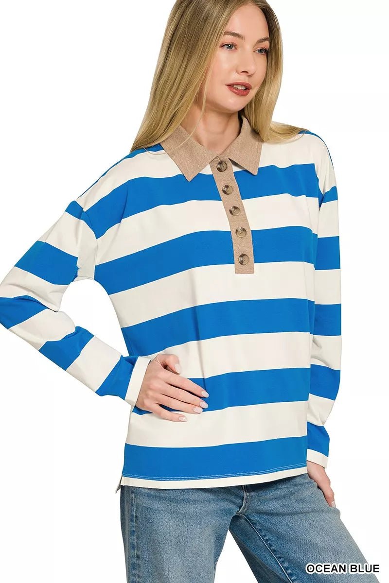 Zenana Striped Contrast Collar Polo Top - Bitsy Gypsy Boutique