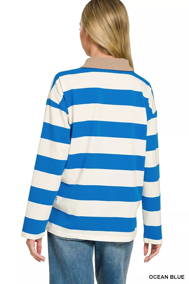 Zenana Striped Contrast Collar Polo Top - Bitsy Gypsy Boutique