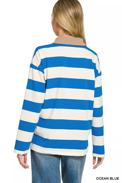 Zenana Striped Contrast Collar Polo Top - Bitsy Gypsy Boutique