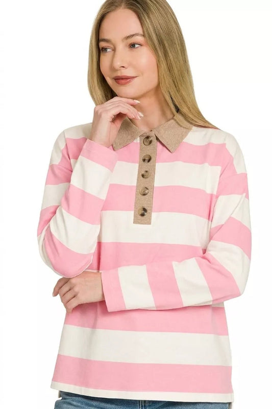 Zenana Striped Contrast Collar Polo Top - Bitsy Gypsy Boutique