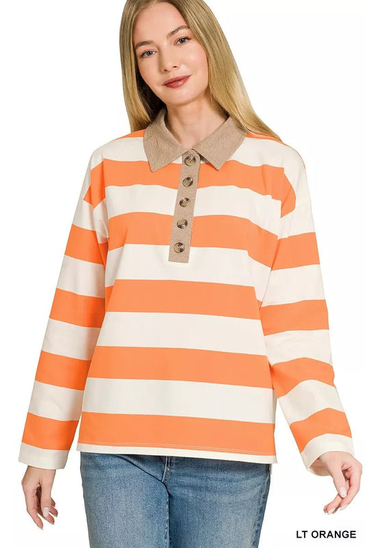 Zenana Striped Contrast Collar Polo Top - Bitsy Gypsy Boutique